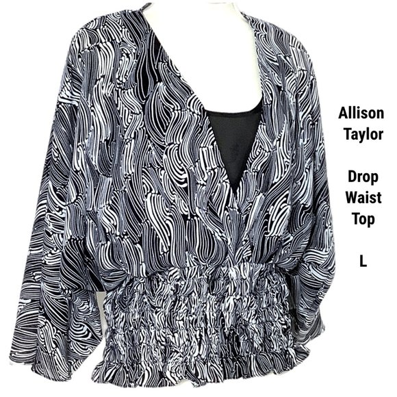 Allison Taylor Top Blouse Drop Waist Shirred Black White Abstract Ruffles Large - Picture 1 of 14